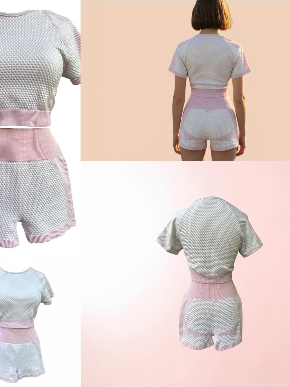 Pink Honeycomb Texture Athletic Set Crop Top & High Waist Shorts 2 Pc **Size S